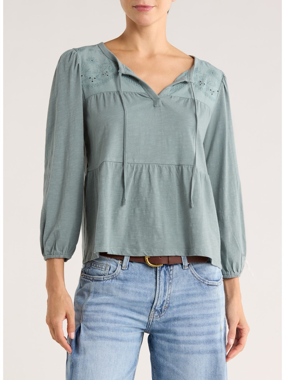 Lucky Brand Tiered Puff Sleeve Babydoll Top in Stormy Sea Sz Small